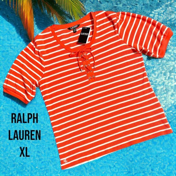 NEW-Ralph Lauren XL Womens Top Waffle-Knit Orange Striped Puff-Sleeve Shirt-$79 - Picture 7 of 11